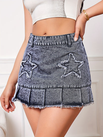 Womens Embroidered Straight Denim Skirt - Chic Frayed Hem with Star Accents, Solid Color, Non-Stretch, Woven Fabric, Perfect for Spring/Summer/Fall Fashion, Casual Chic Style