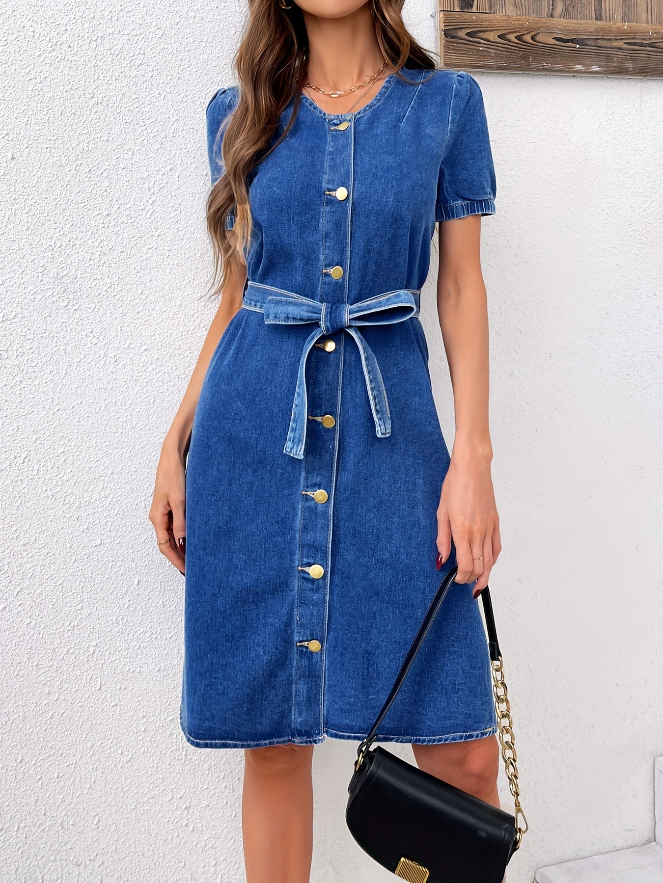 Plain Washed Blue Tie Belt Short Sleeve Slim Fit Denim Dress, Women's Denim Jeans & Clothing