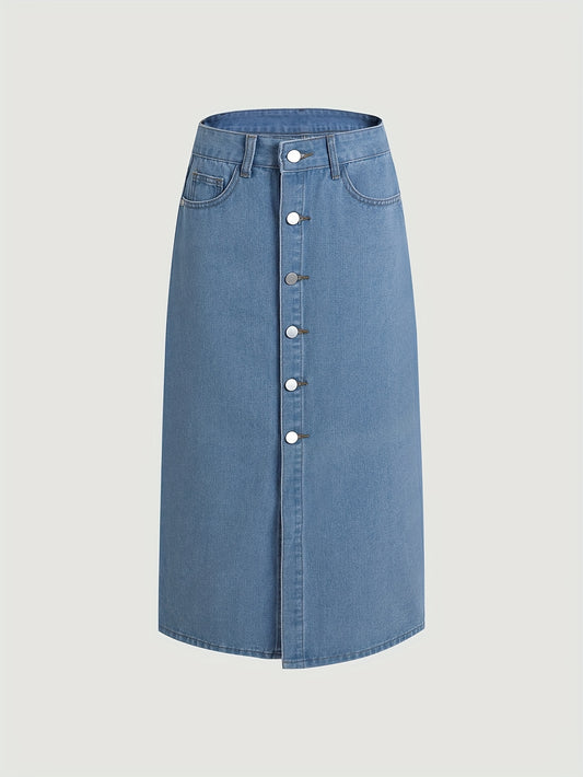 High-Waisted Relaxed-Fit Denim Skirt - Button-Up Front Closure, Comfortable High-Quality Denim Material - Vibrant Blue Color, Womens Casual Fashion Essential