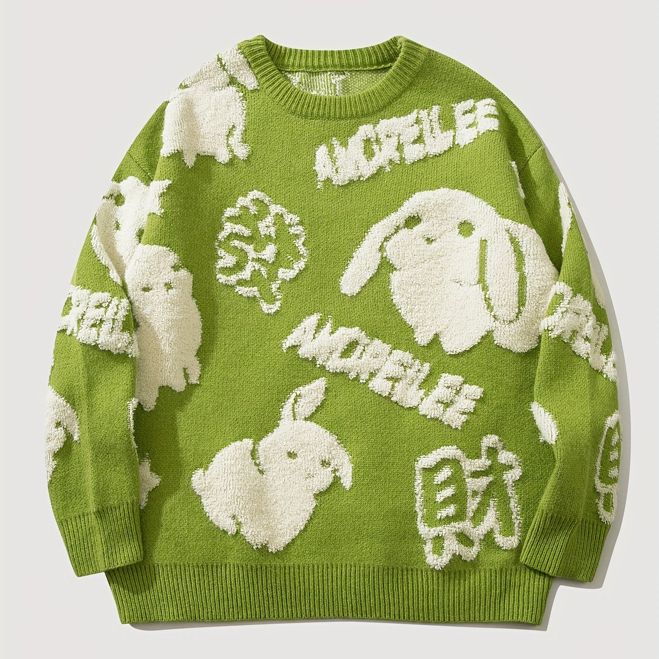 Cute Rabbit Chenille Embroidery Sweater - Soft and Cozy Knitted Fabric, Classic Crew Neck Pullover Design, Warm and Toasty for Cold Weather, Perfect for Casual Daily Wear - Ideal for Fall and Winter Seasons, Great Gift for Men