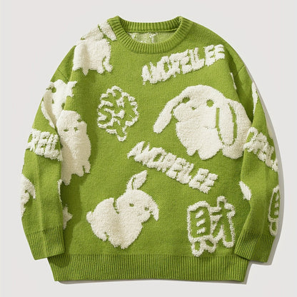 Cute Rabbit Chenille Embroidery Sweater - Soft and Cozy Knitted Fabric, Classic Crew Neck Pullover Design, Warm and Toasty for Cold Weather, Perfect for Casual Daily Wear - Ideal for Fall and Winter Seasons, Great Gift for Men