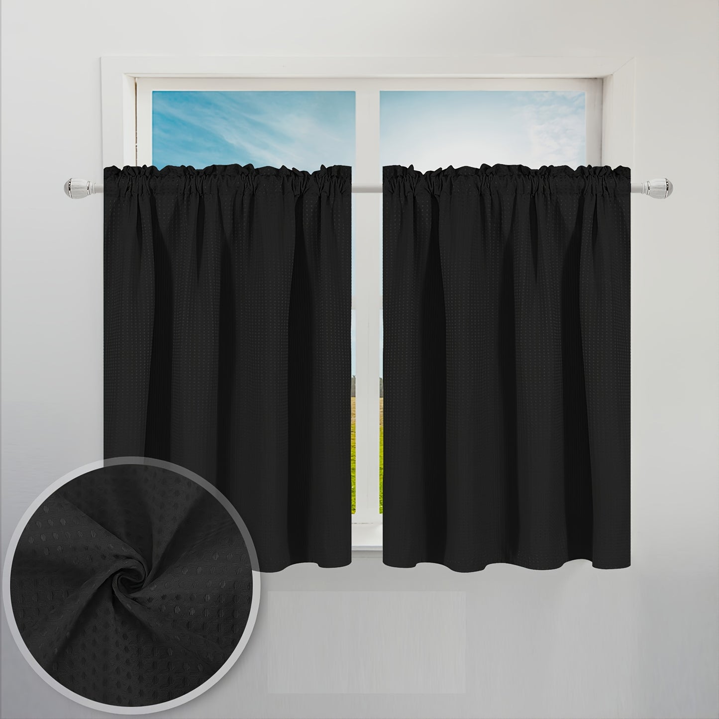 2pc Waffle Weave Half Window Curtains, Small Bathroom Window Curtains, Waterproof Rod Pocket Window Treatment For Cafe Kitchen Bar Home Decor