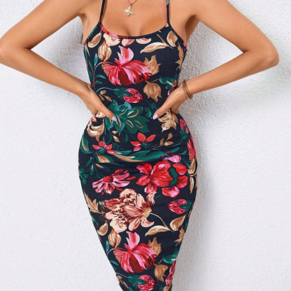Romantic Floral Print Crisscross Backless Dress - Chic Sleeveless Spaghetti Strap Bodycon Style - Womens Fashion Must-Have