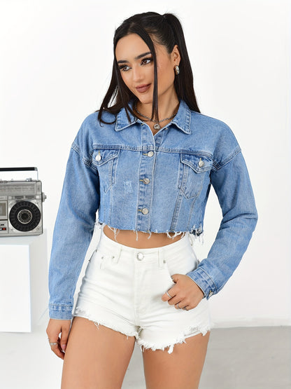 Long Sleeve Solid Color Crop Denim Jacket with Lapel Collar and Flap Pockets - Classic Casual Denim Top for Women - Perfect for Spring, Summer, and Fall Seasons