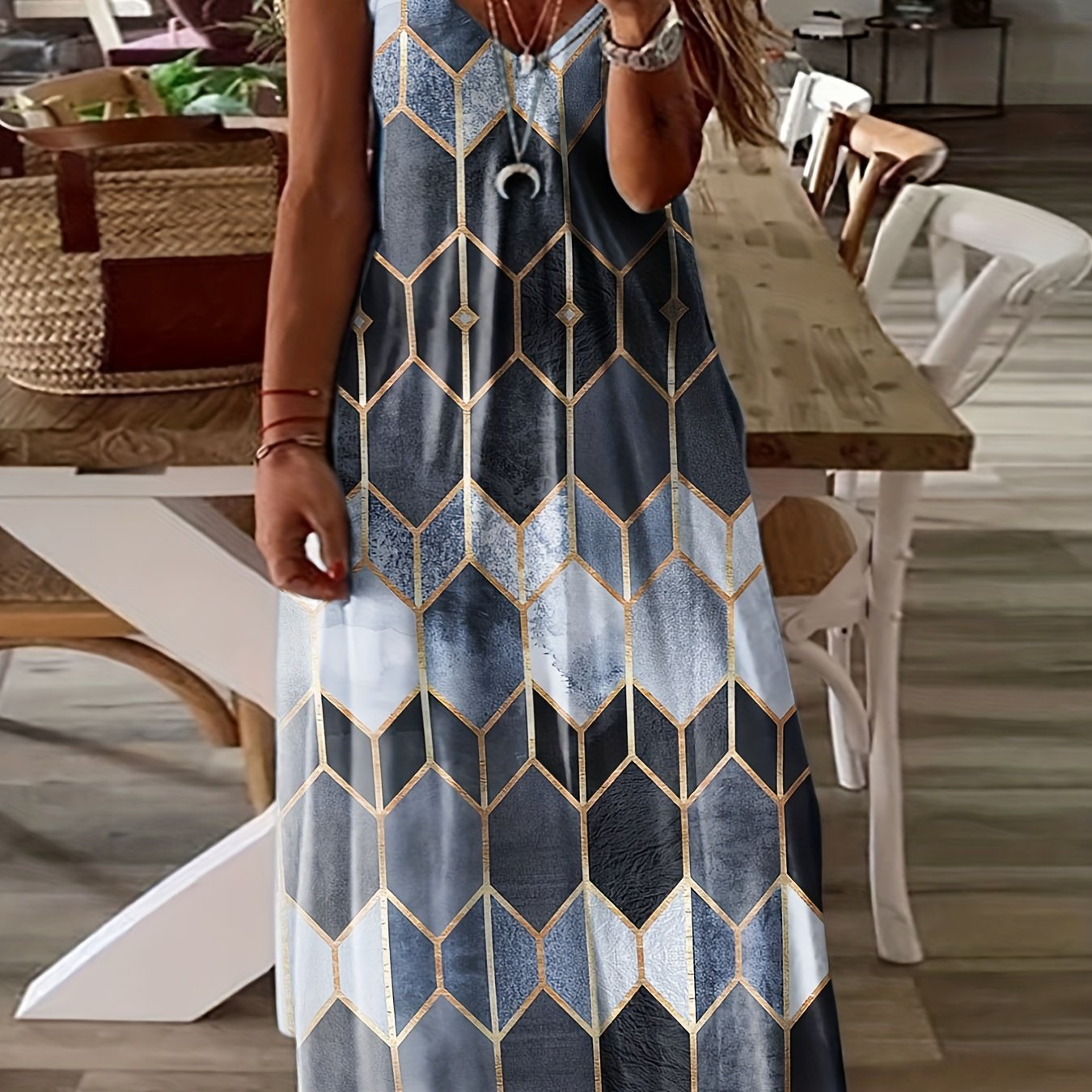 Plus Size Chic Geometric Print Cami Maxi Dress - Flattering Spaghetti Strap V Neckline for Women - Flowy, Casual, and Trendy Long Dress for Summer