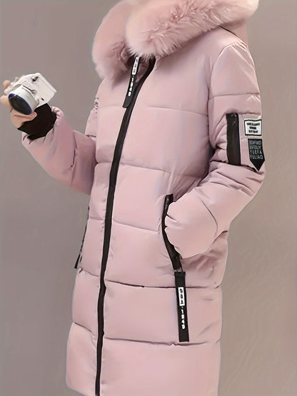 Ultra-Soft Fuzzy Trim Puffy Coat - Cotton-Padded Jacket Coat with Zip-Up, Long Sleeve, Zipper Pockets, Longline Insulated Design, and Casual Style for Winter - Women's Comfortable Clothing