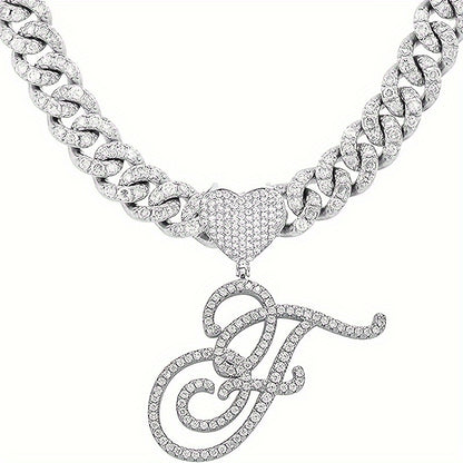 1 Piece Initial Necklace - Durable Cuban Chain with Icy-Cool Ice Chain Design, Heart-Shaped Letter Pendant, and Trendy Hip Hop Style - Unisex Silver Jewelry for Men and Women, Perfect Gift Idea