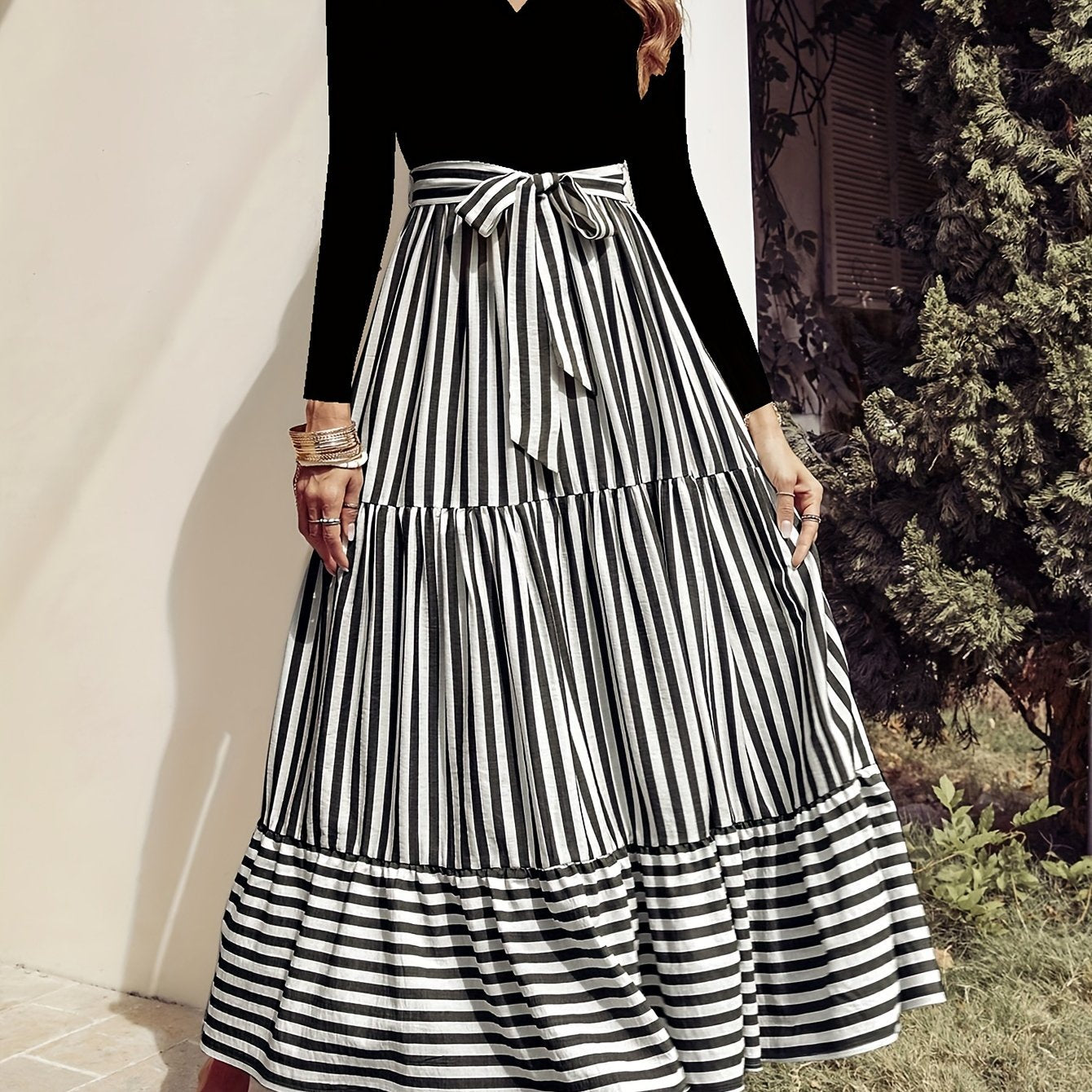 Vibrant Striped Print Maxi Dress - Elegant V Neck, Long Sleeves, Flowy Silhouette, Comfortable Wear, Women's Clothing for Chic Occasions, Formal Events, and Everyday Elegance