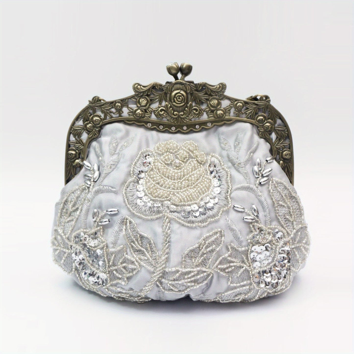 Flower Embossed Beaded Handbag, Kiss Lock Rose Elegant Clutch Bag, Vintage Style Mini Handbag