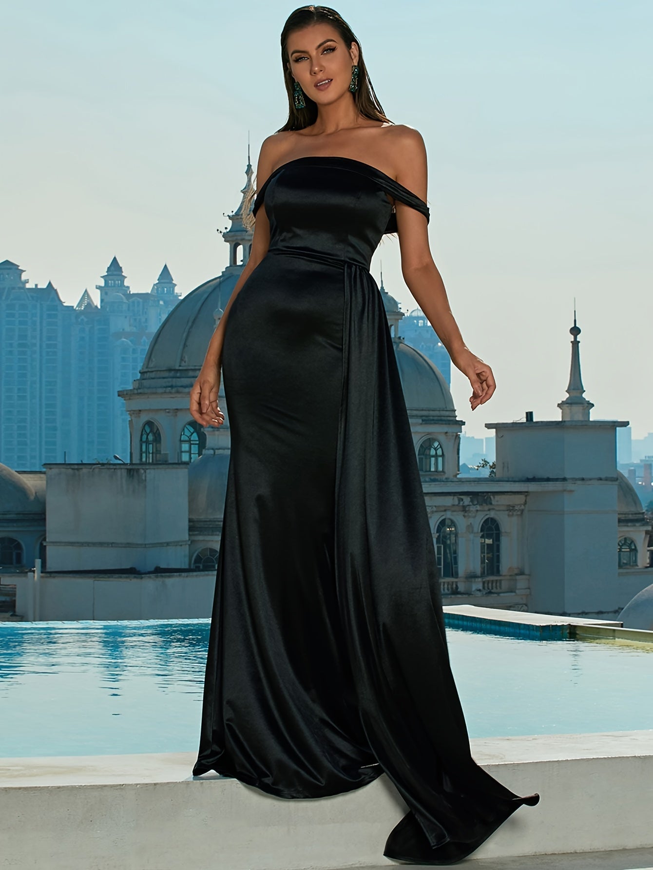 Solid-Colored Off Shoulder Dress - Exquisitely Elegant with Daring Backless Design, Beautifully Ruched Details, Flattering Slim-Fit Silhouette, and Flowing Floor-Length Hem - Perfect for Bridesmaids and Formal Occasions, Womens Formal Wear