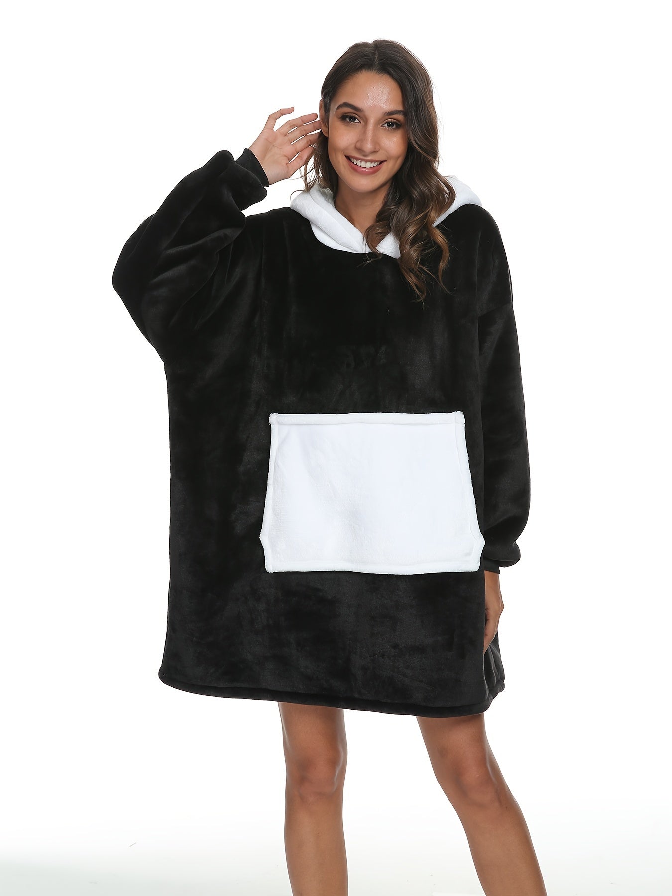 Cute Panda Hooded Nightdress, Fleece Thickened Long Sleeve Sleep Dress With Pockets, Women's Sleepwear & Dresses