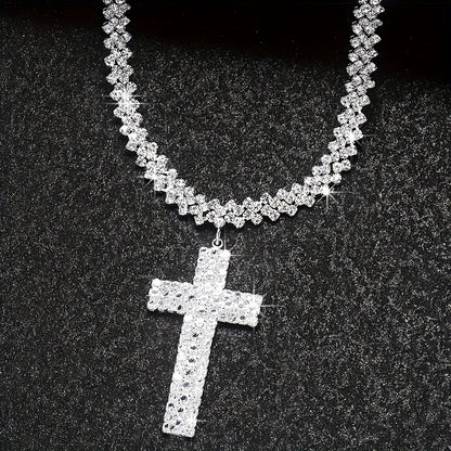 Luxury Multilayer Rhinestone Cross Pendant Necklace Silver Color Neck Jewelry Gift