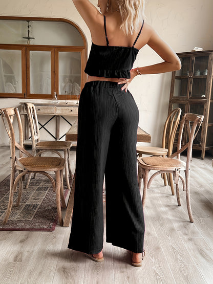 Chic Solid Color Two-Piece Set - Flattering Knotted Cami Top & Flowy Wide Leg Pants - Perfect Summer Outfit for Women - Versatile & Comfortable Wardrobe Staple