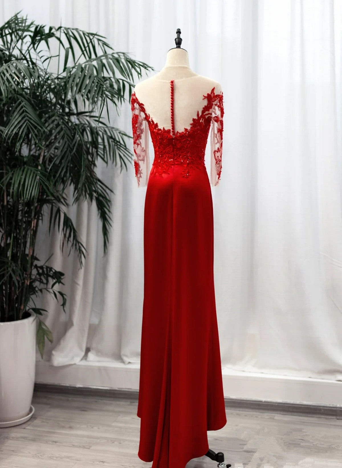 LOVECCRRed Satin with Lace Round Neckline Party Dress, Red Satin Evening Dress