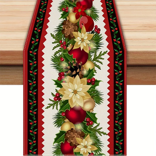 13" x 72" Festive Striped Table Runner - Vibrant Polyester Rectangular Cloth with Floral and Bell Design, Machine Washable, Fade Resistant, and Easy to Clean for Holiday Dining Decorations