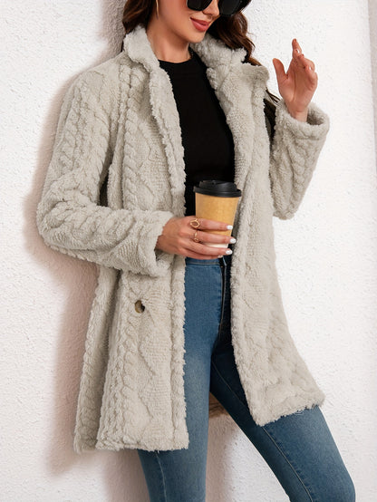 Long Sleeve Textured Thermal Double Breasted Lapel Teddy Coat - Soft Micro Elasticity Polyester Fabric, Versatile Winter Outerwear for Women - Hand Washable, Solid Color, Middle East Style, Fall/Winter Season, Knit Fabric