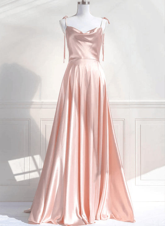 LOVECCRPink Satin Straps Low Back Long Evening Dress, Pink Satin Prom Dress