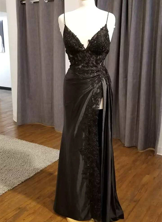 LOVECCRBlack Satin with Lace V-neckline with Leg Slit Prom Dress, Black Prom Dress