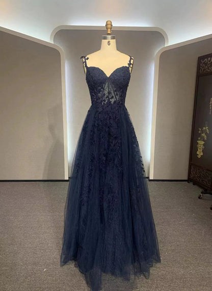 LOVECCRNavy Blue A-line Tulle with Lace Prom Dress, Navy Blue Long Party Dress