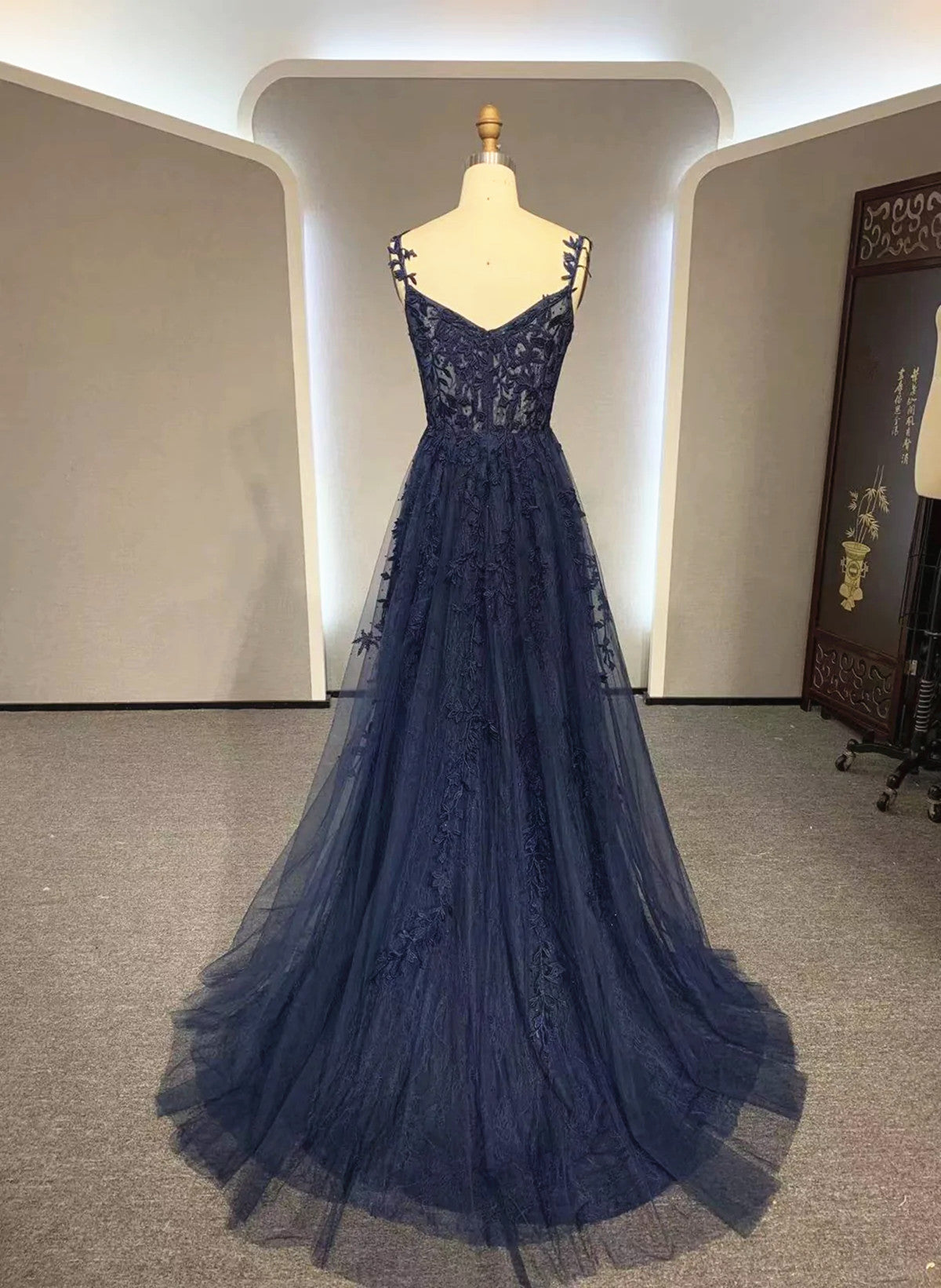 LOVECCRNavy Blue A-line Tulle with Lace Prom Dress, Navy Blue Long Party Dress