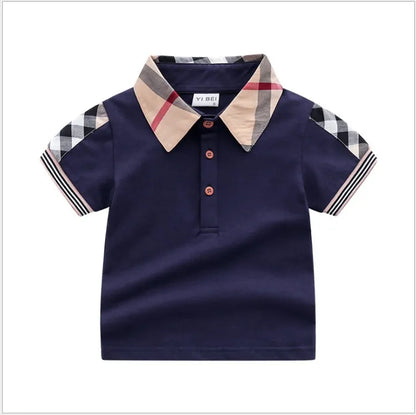 Baby Boys Turn-Down Collar T-shirts Summer Kids Short Sleeve Plaid T-shirt Gentleman Style Children Cotton Casual Tops Tees Boy Shirts Child Clothes