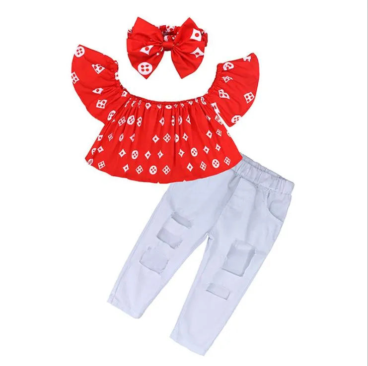 Kids Summer Girls Clothing Sets Off Shoulder Top Shirt+Hole Pants+Hairband 3PCS Children Clothing Girls Clothes set