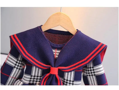 Great Quality Baby Girls Knitted Plaid Sweaters Dresses Spring Autumn Girl Long Sleeve Princess Dress Kids College Style Knitting Dress 2-7 Years