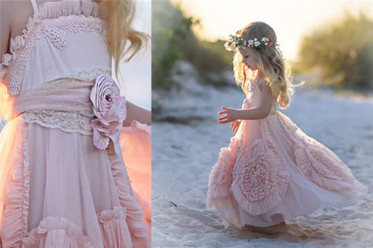 Cheap Pink Flower Girls' Dresses For Wedding  Lace Applique Ruffles Kids Formal Wear Sleeveless Long Beach Girl's Pageant Gowns