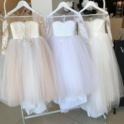 Cute Blush Pink Flower Girls Dresses Long Sleeves For Weddings Lace Appliques Ball Gown Birthday Girl Communion Pageant Gowns Champagne