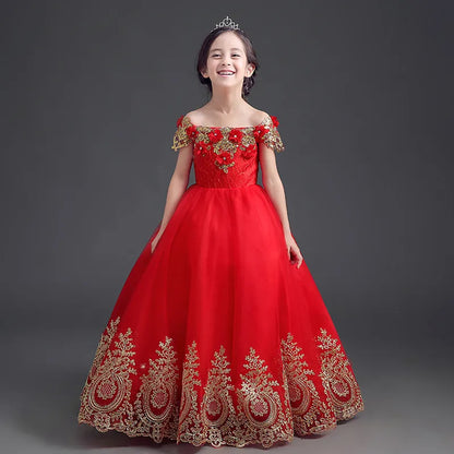 Formal Floor Length Flower Girl Dress Girl Long Princess Brithday Applique Ball Gown Kids Dresses