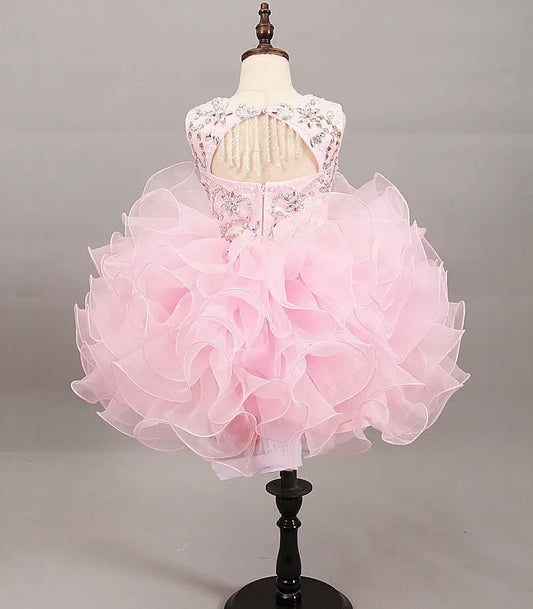 New Baby Pink Toddler Cupcake Pageant Dress Ruffles Crystal Backless Little Girls Birthday Formal First Holy Communion Dress Kids Prom Gown