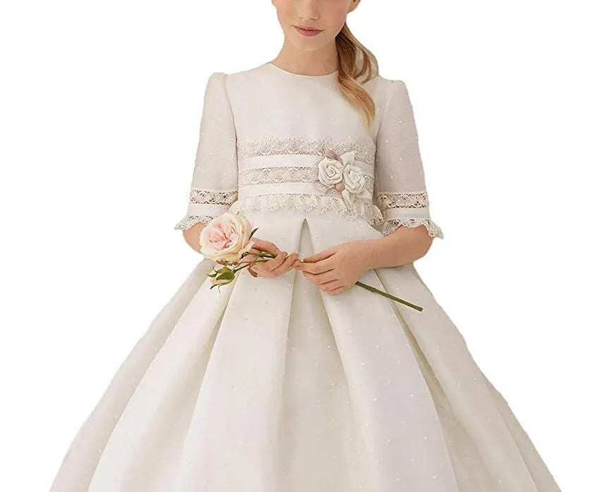 Princess Half Sleeve Lace Girls Pageant Dress  Girl First Communion Dress Kids Formal Wear Flower Girls Dresses for Wedding