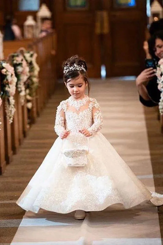 Adorable White Ball Gown Flower Girl Dresses Princess Sheer Long Sleeves Appliques Jewel Neck Toddler Birthday Party Gowns