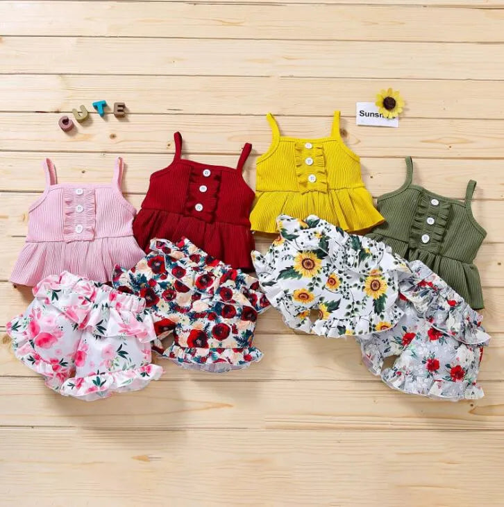 baby clothing girl Kids 2 PCS sets 100% Cotton O-neck Shirt + Stripped short Summer Child Two Piece set clothes