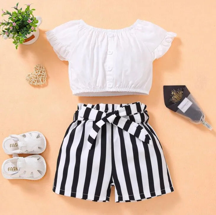 baby clothing girl Kids 2 PCS sets 100% Cotton O-neck Shirt + Stripped short Summer Child Two Piece set clothes