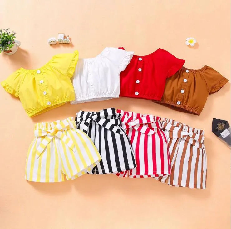 baby clothing girl Kids 2 PCS sets 100% Cotton O-neck Shirt + Stripped short Summer Child Two Piece set clothes