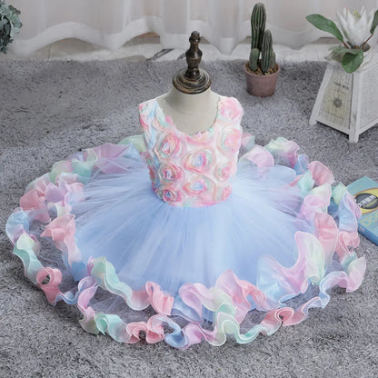 Vintage Flower Girls' Dresses Graduation Light Blue Clothes Kids Formal Wear With Lace 3D Rose Flowers Tutu A-line Tea-Length In Stock Birthday Party Pageant Outfits