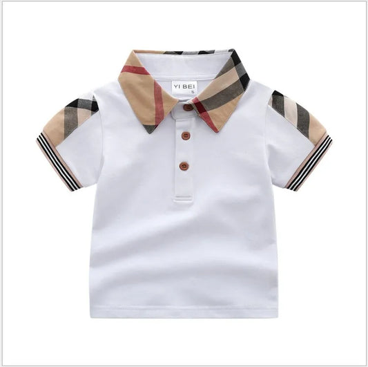 Baby Boys Turn-Down Collar T-shirts Summer Kids Short Sleeve Plaid T-shirt Gentleman Style Children Cotton Casual Tops Tees Boy Shirts Child Clothes