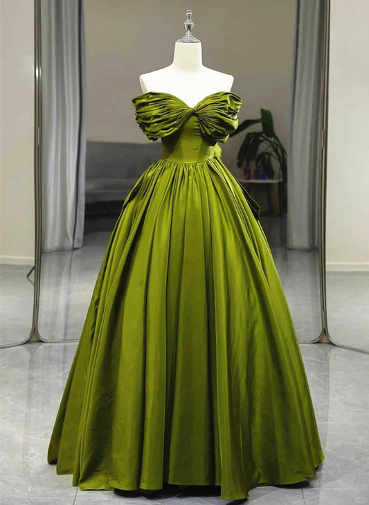 LOVECCRGreen A-line Off Shoulder Satin Long Party Dress, Green Satin Formal Dress Prom Dress