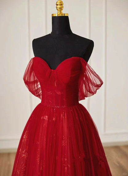 LOVECCRLovely Wine Red Tulle Sweetheart Off Shoulder Prom Dress, Wine Red Long Party Dress